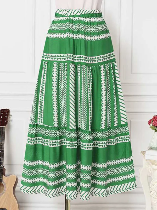Retro Aztec Geo Printed Tiered Ruffle Maxi Skirt