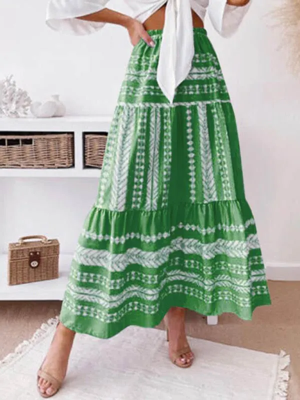 Retro Aztec Geo Printed Tiered Ruffle Maxi Skirt