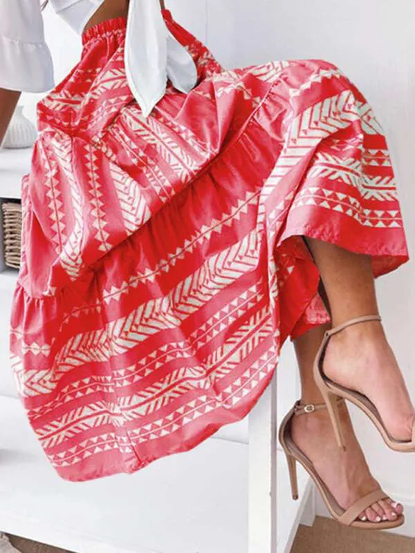 Retro Aztec Geo Printed Tiered Ruffle Maxi Skirt
