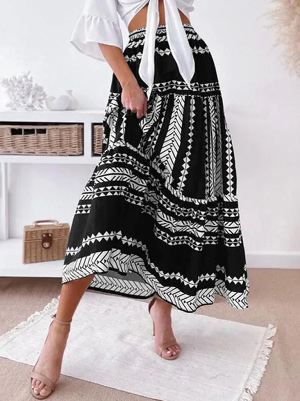 Retro Aztec Geo Printed Tiered Ruffle Maxi Skirt