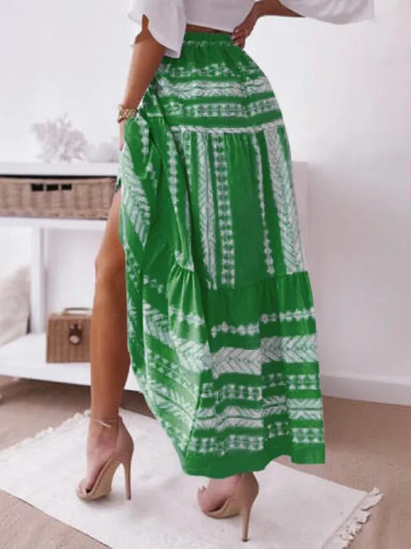 Retro Aztec Geo Printed Tiered Ruffle Maxi Skirt