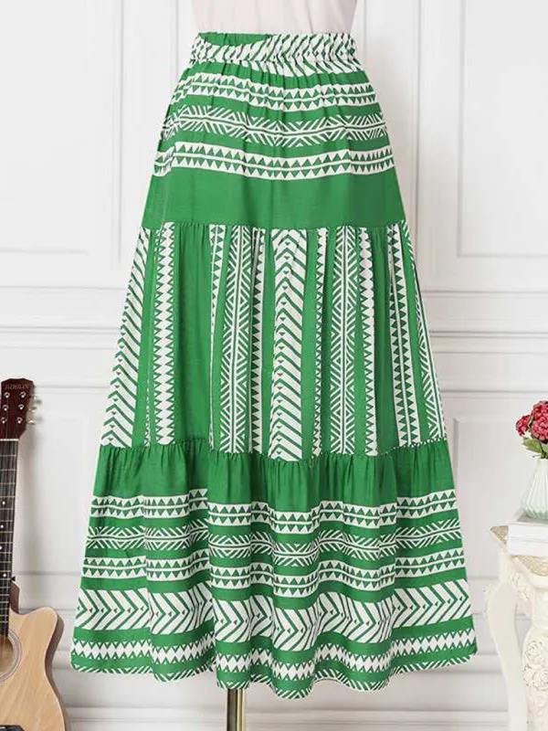 Retro Aztec Geo Printed Tiered Ruffle Maxi Skirt