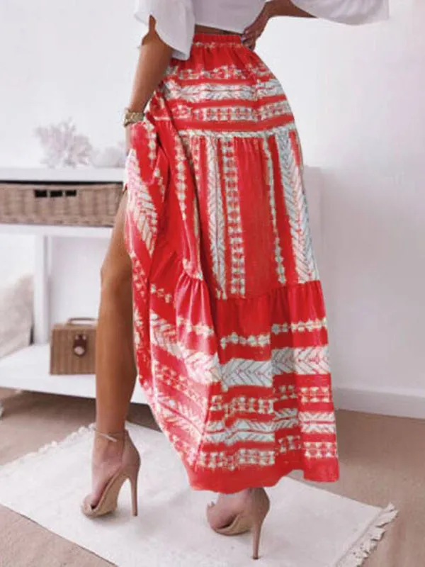 Retro Aztec Geo Printed Tiered Ruffle Maxi Skirt