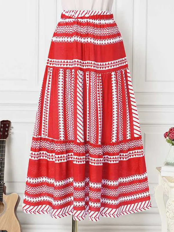 Retro Aztec Geo Printed Tiered Ruffle Maxi Skirt