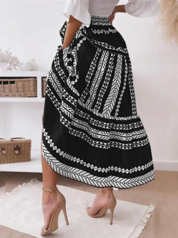 Retro Aztec Geo Printed Tiered Ruffle Maxi Skirt