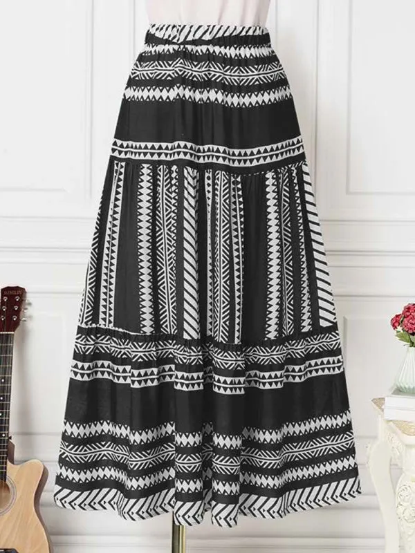 Retro Aztec Geo Printed Tiered Ruffle Maxi Skirt