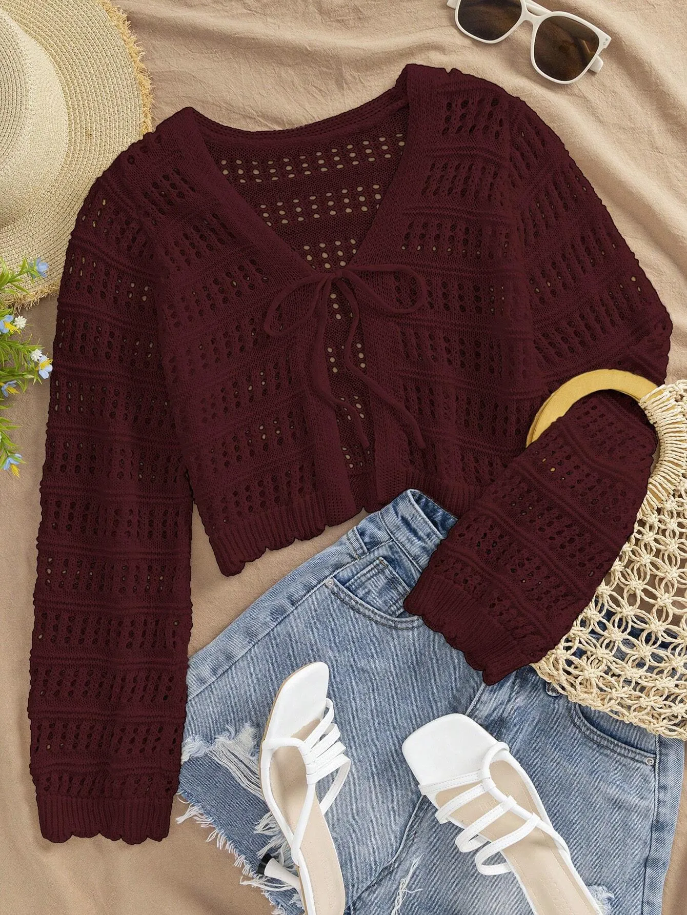 SHEIN VCAY 1pc Women Casual Solid Color Hollow Out Knit Cardigan