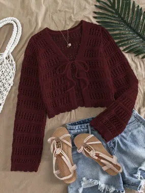 SHEIN VCAY 1pc Women Casual Solid Color Hollow Out Knit Cardigan
