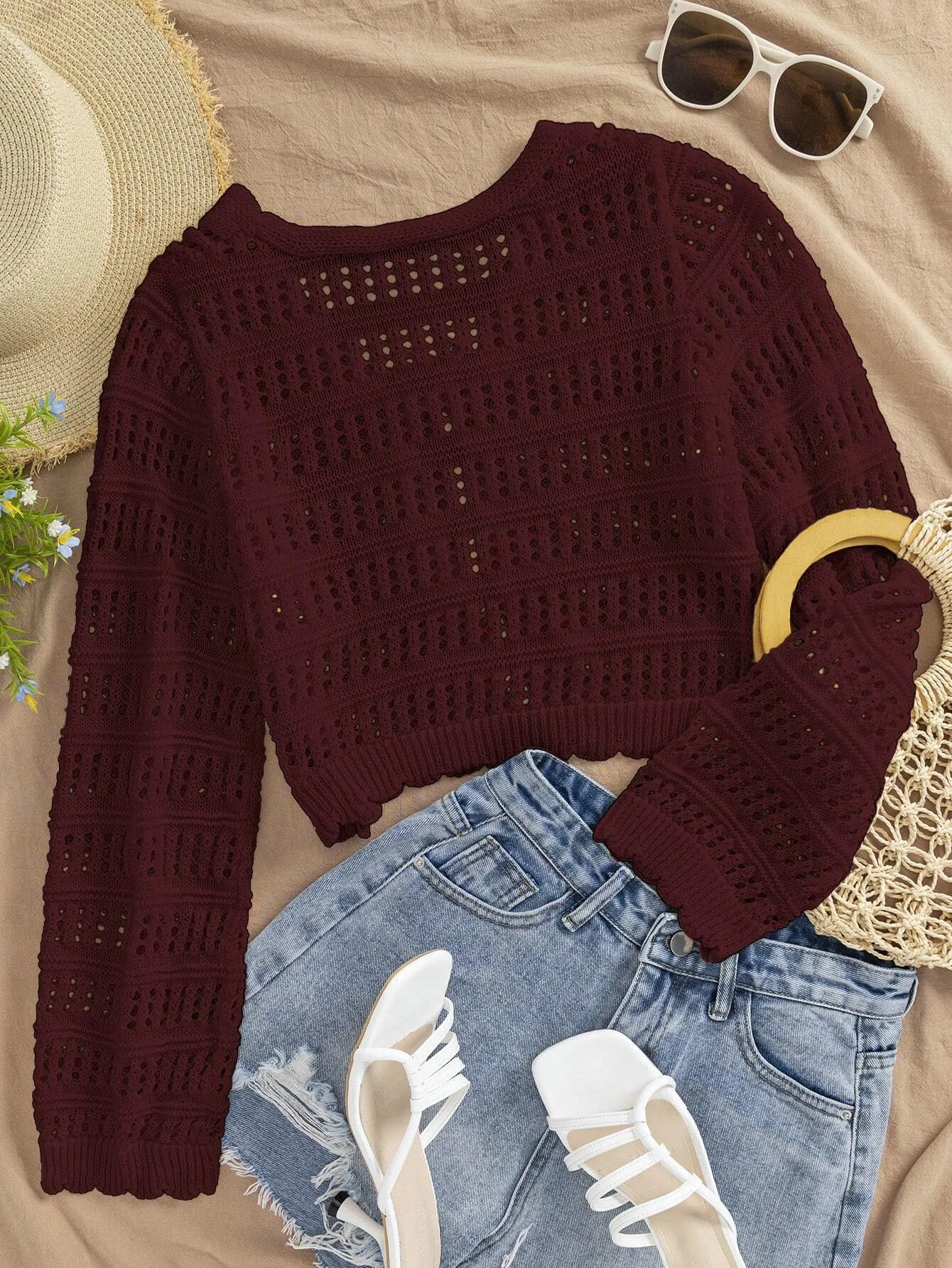 SHEIN VCAY 1pc Women Casual Solid Color Hollow Out Knit Cardigan