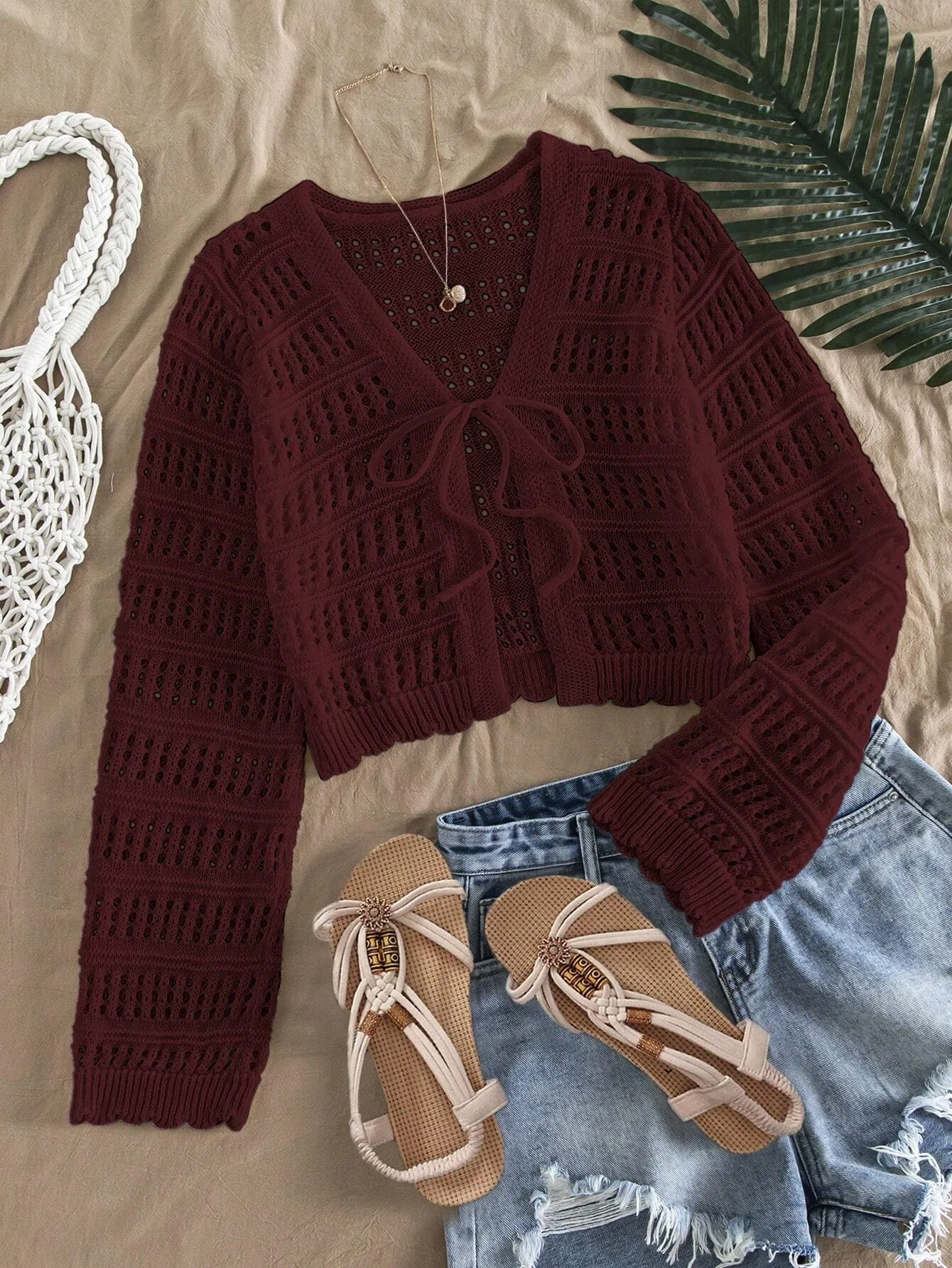 SHEIN VCAY 1pc Women Casual Solid Color Hollow Out Knit Cardigan
