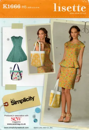 Simplicity 1666 LISETTE Womens Peplum Top Dress Skirt & Tote Bag Out Of Print Sewing Pattern Size 6 - 14 UNCUT Factory Folded