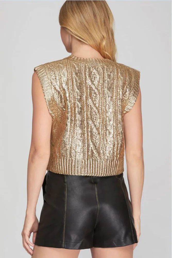 Sleeveless Metallic Crop Sweater in Light Gold by She Sky