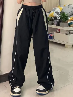 Trendy Wide Leg Color Block Cargo Pants - Women's Fashion Pants with Drawstring Elastic Waist, Y2K Inspired, Comfortable and Stylish - Perfect for Casual Daily Wear