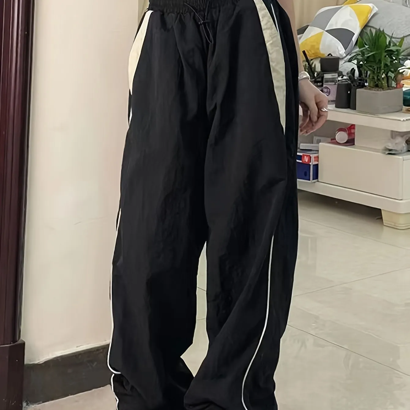 Trendy Wide Leg Color Block Cargo Pants - Women's Fashion Pants with Drawstring Elastic Waist, Y2K Inspired, Comfortable and Stylish - Perfect for Casual Daily Wear