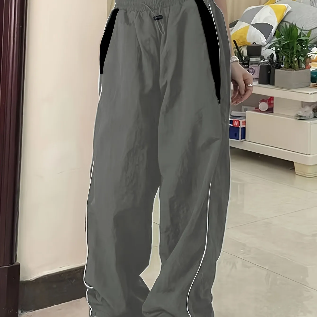 Trendy Wide Leg Color Block Cargo Pants - Women's Fashion Pants with Drawstring Elastic Waist, Y2K Inspired, Comfortable and Stylish - Perfect for Casual Daily Wear