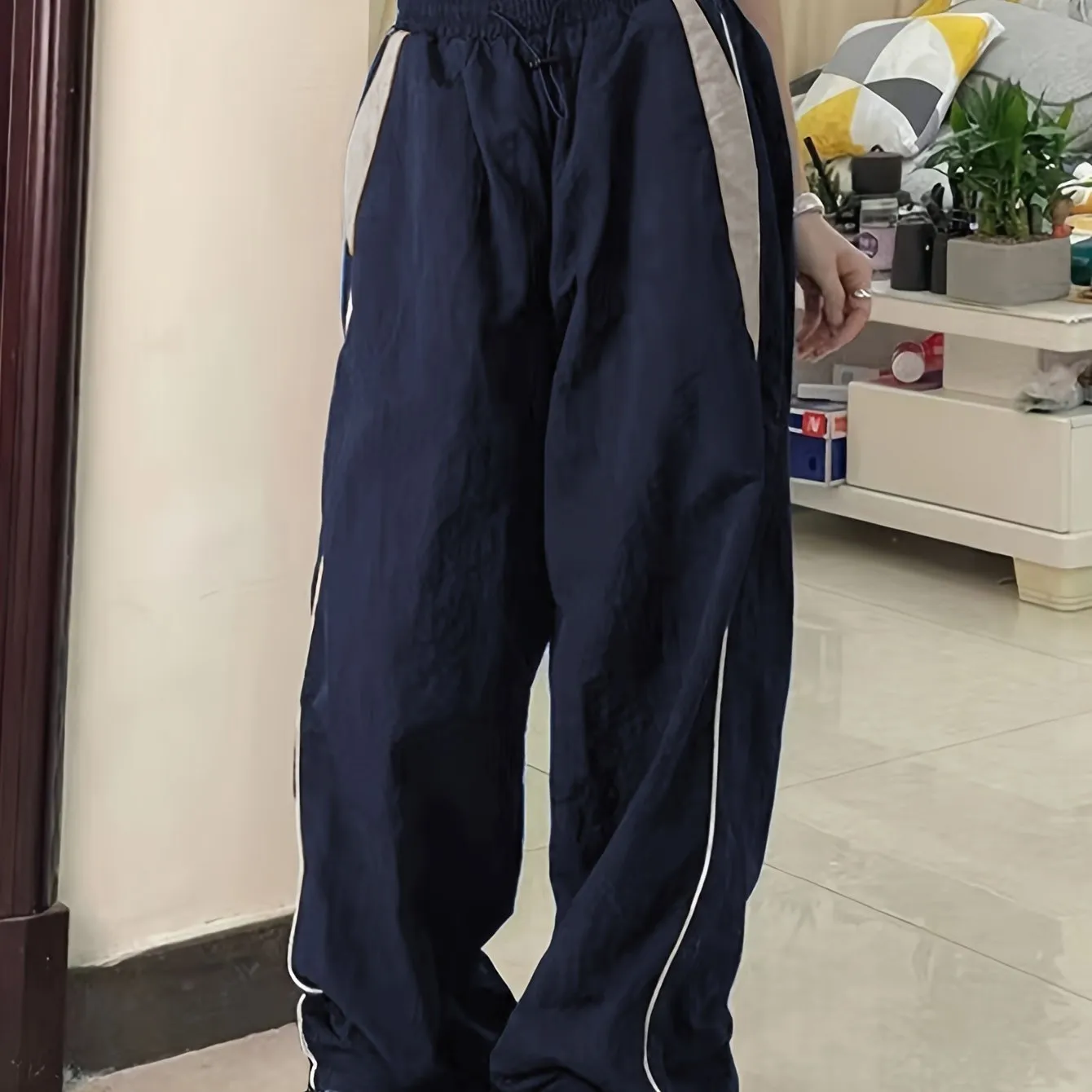 Trendy Wide Leg Color Block Cargo Pants - Women's Fashion Pants with Drawstring Elastic Waist, Y2K Inspired, Comfortable and Stylish - Perfect for Casual Daily Wear