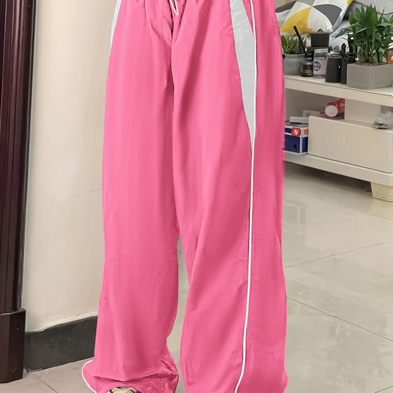 Trendy Wide Leg Color Block Cargo Pants - Women's Fashion Pants with Drawstring Elastic Waist, Y2K Inspired, Comfortable and Stylish - Perfect for Casual Daily Wear