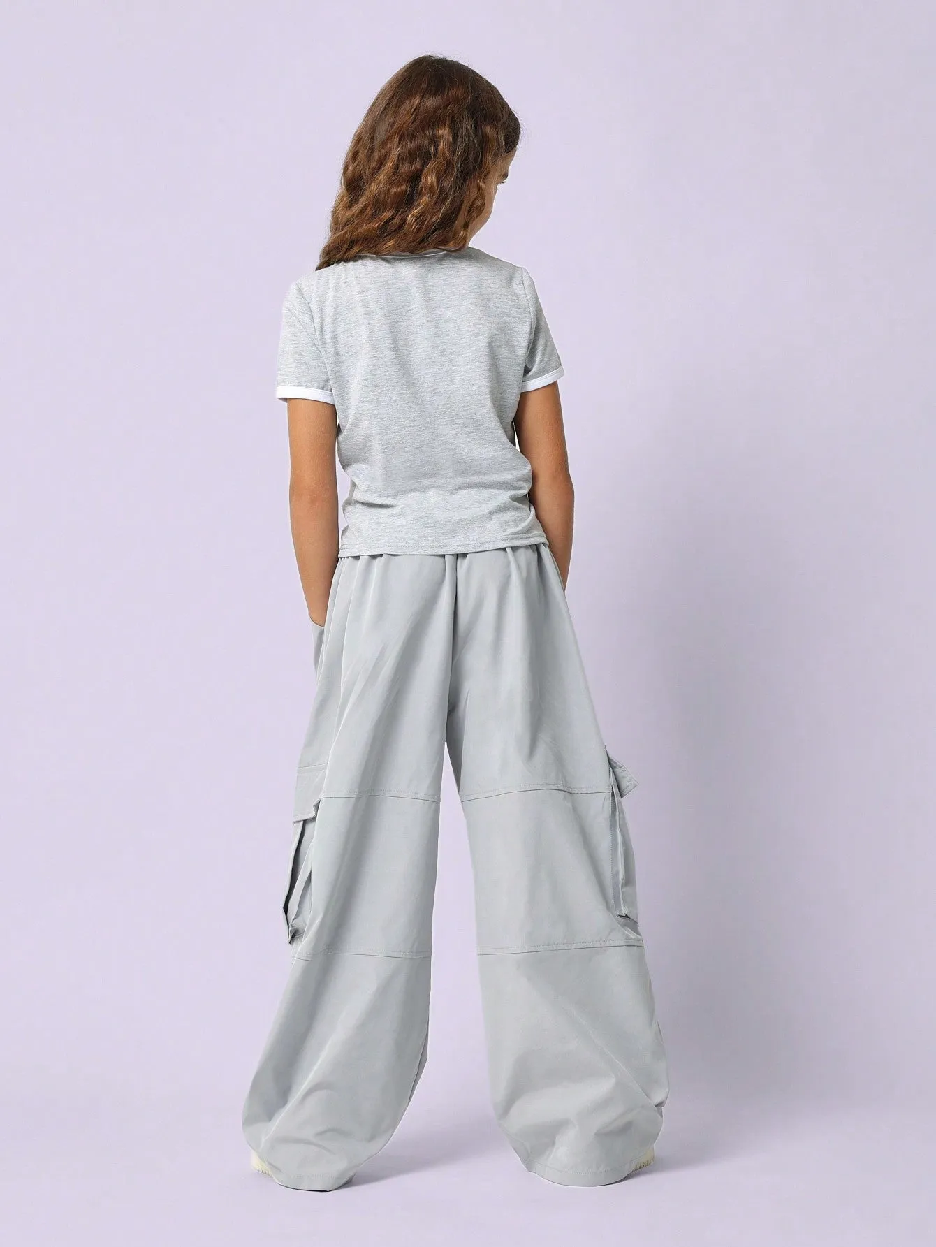 Tween Girls Embroidered Baby Tee And Loose Fit Nylon Cargo Pant 2 Piece Set