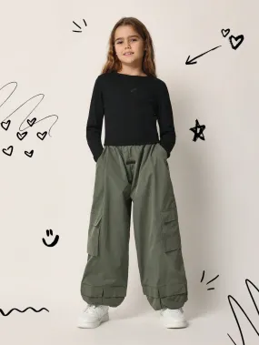 Tween Girls Everyday Cropped Long Sleeve Baby Tee And Multi Pocket Cargo Parachute Pant 2 Piece Set