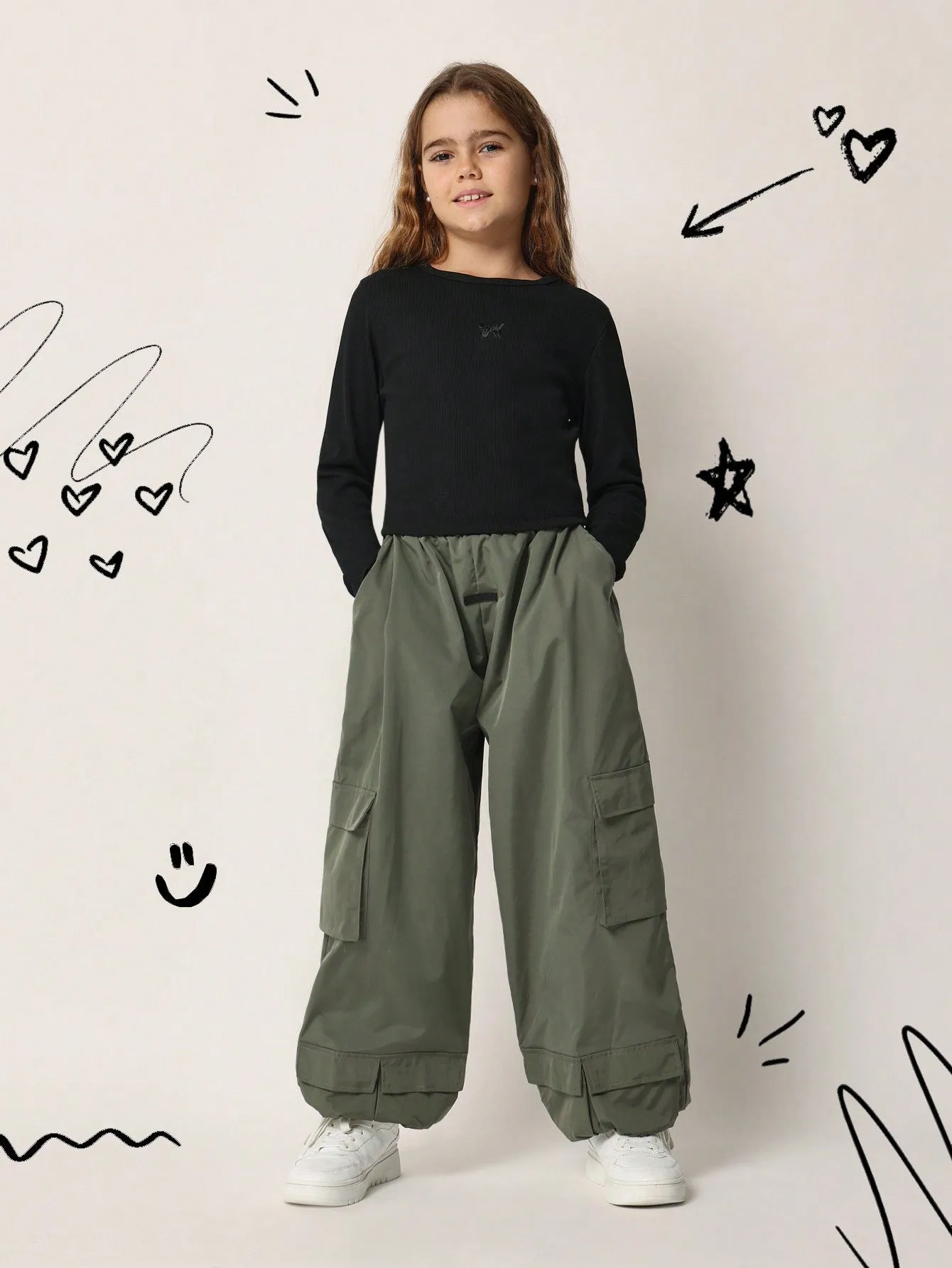 Tween Girls Everyday Cropped Long Sleeve Baby Tee And Multi Pocket Cargo Parachute Pant 2 Piece Set