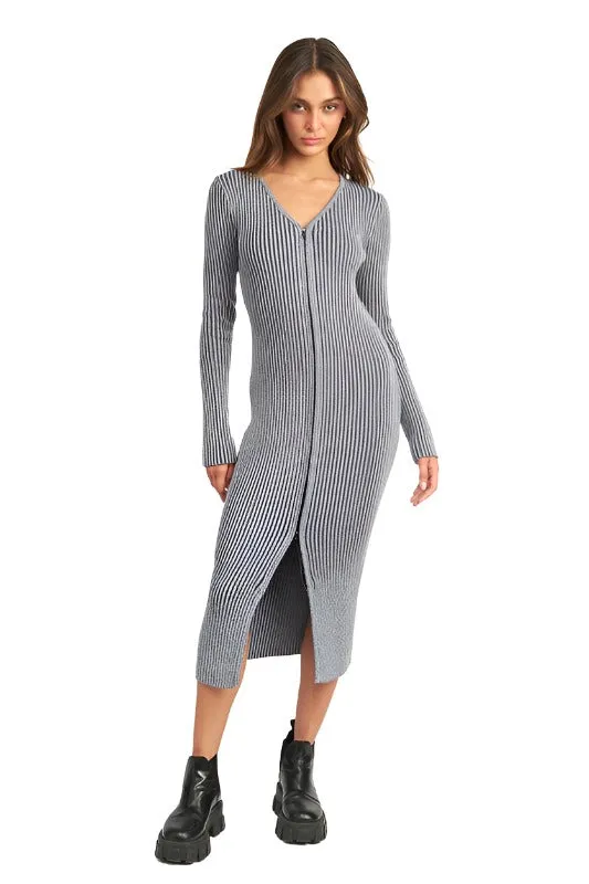 V NECK MIDI DRESS WITH TWO WAY ZIPPER