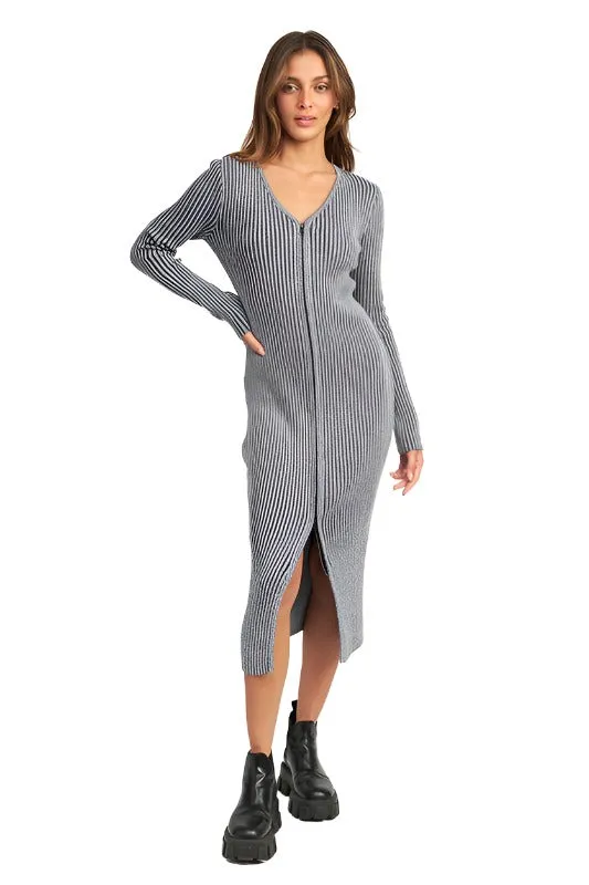 V NECK MIDI DRESS WITH TWO WAY ZIPPER