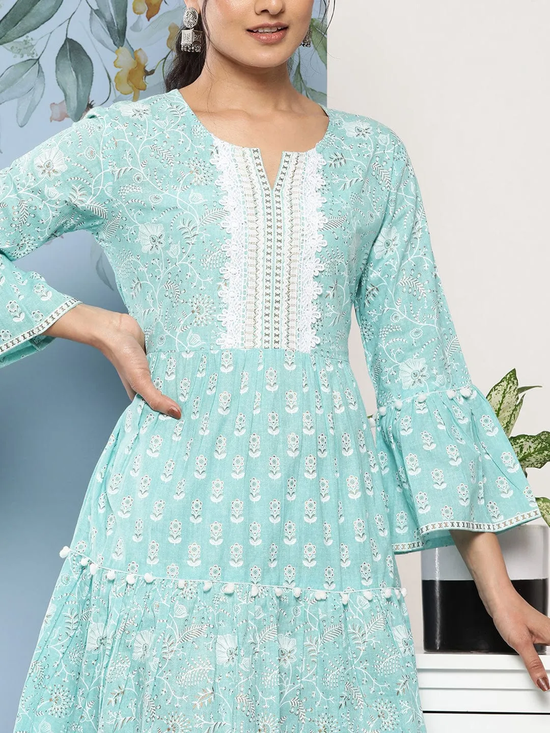 Varanga Blue & White Floral A-Line Dress