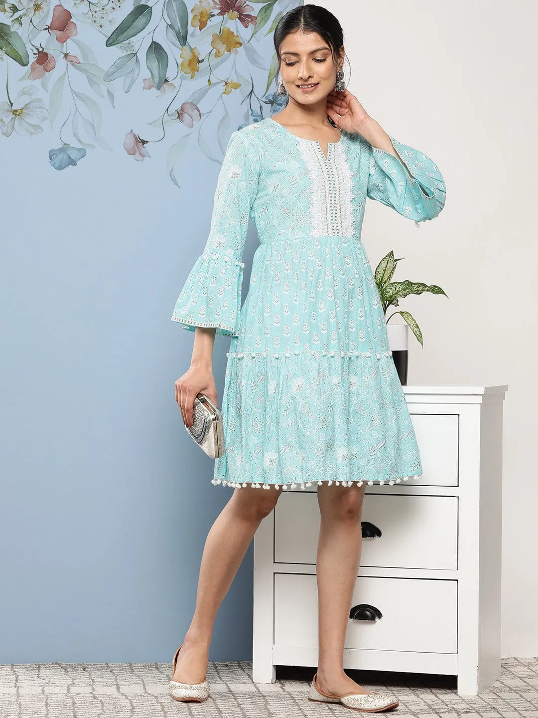 Varanga Blue & White Floral A-Line Dress