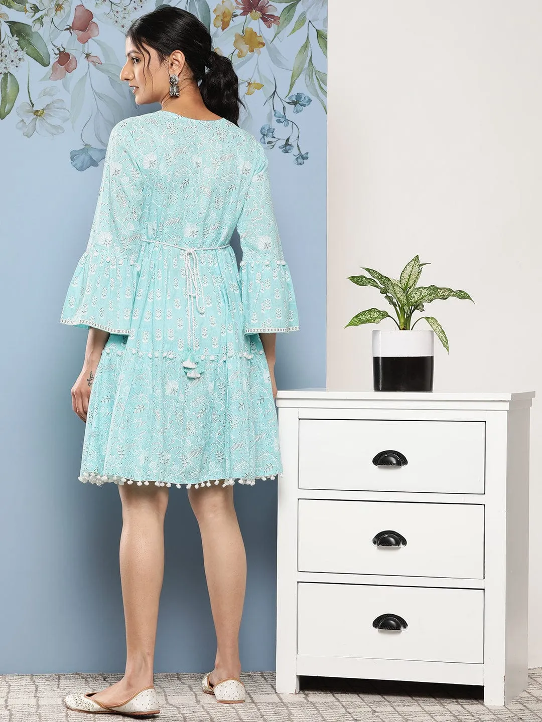 Varanga Blue & White Floral A-Line Dress